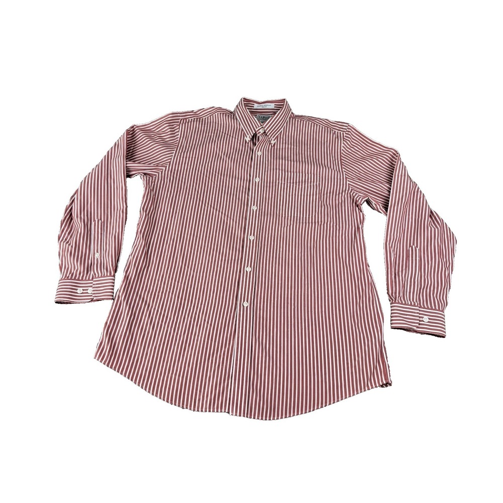 LL Bean Mens Button Down Shirt Red Stripe Trim Fit Size Large Pocket